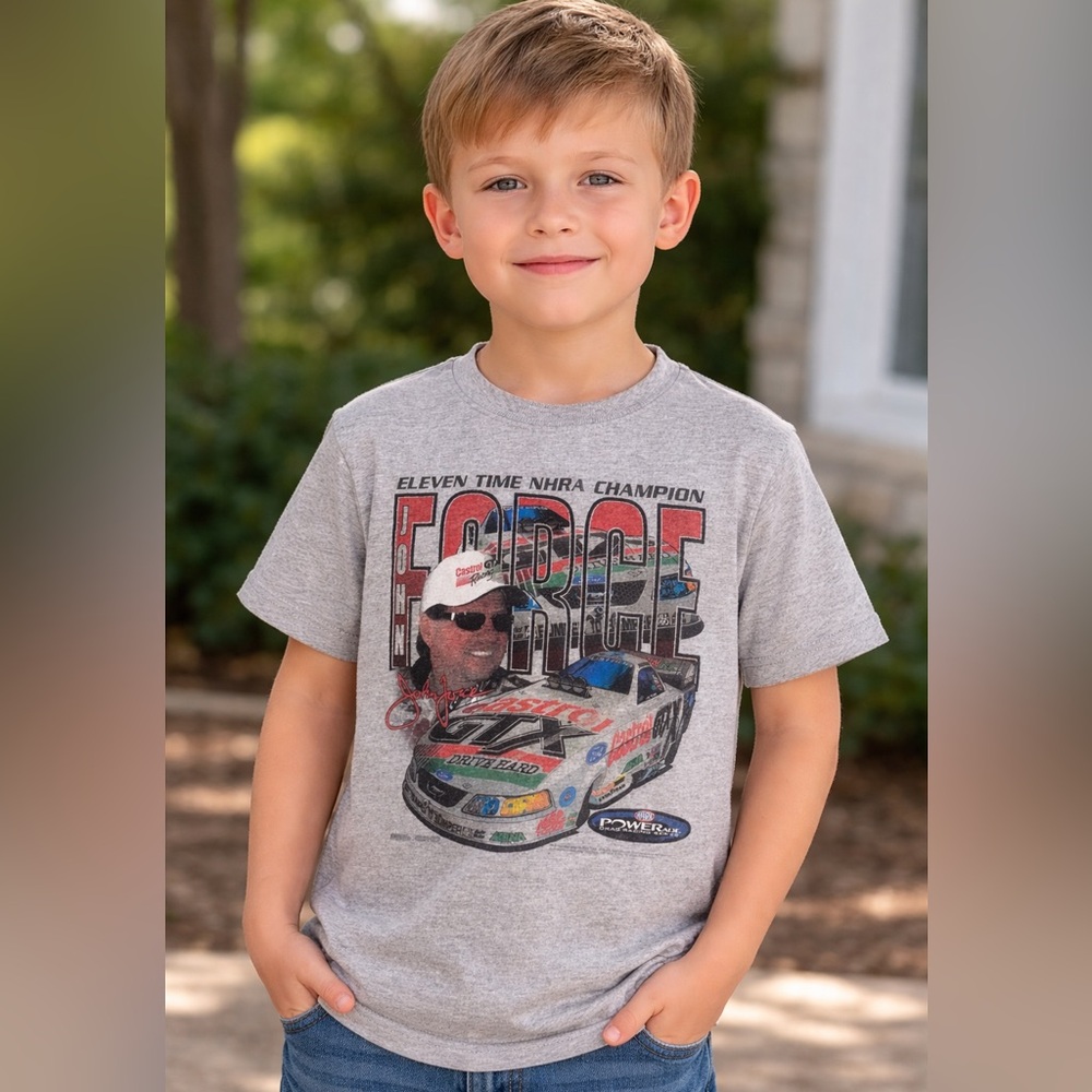 Vintage John Force NHRA Castrol GTX Racing Kids Tee Jerzees 6-8 years